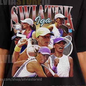 May include: Black t-shirt featuring a graphic of Iga Swiatek, a tennis player, with the text "SWIATEK Iga". The design includes images of the tennis player in action. The shirt also has the text "SILVIASTOREID" and the Etsy shop URL.