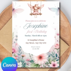 Faire-part modifiable sur le thème des fées magique, carte d'anniversaire florale et papillon fantaisiste, création de balançoire enchantée, modèle canva