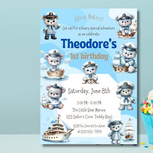 Convite de aniversário de urso náutico download digital convite para festa com tema de marinheiro capitão Teddy editável cartão de primeiro aniversário para impressão