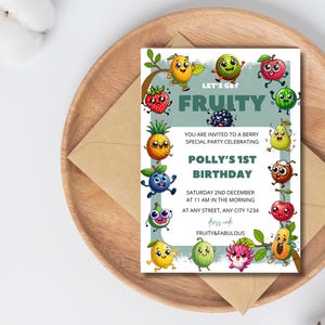 Invitación de cumpleaños con frutas danzantes, descarga digital, linda invitación para fiesta infantil, divertida plantilla editable con tema de frutas, imprimible