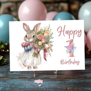 Cartão de aniversário adorável de coelho | 1º aniversário digital para impressão para menina | Design floral e pastel | Perfeito para comemoração de marcos