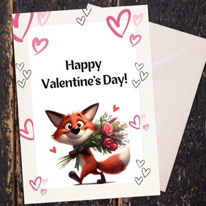 Tarjeta de San Valentín con zorro juguetón, diseño de zorro sosteniendo rosas, tarjeta de felicitación plegable digital romántica y caprichosa, tema de lindo ramo de rosas