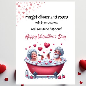 Tarjeta divertida de San Valentín para personas mayores, escena romántica en la bañera con pareja de ancianos, tarjeta plegable imprimible para él, regalo para abuelos, eco