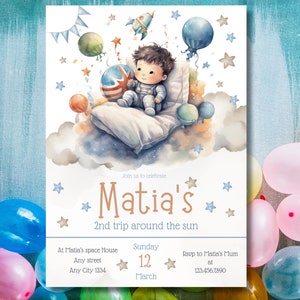 Invitación de cumpleaños de cohete para niños: tarjeta de fiesta espacial con temática de astronauta para padres, editable y perfecta para organizar fiestas de último minuto.