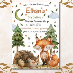 Faire-part d'anniversaire modifiable dans les bois, invitation à une fête des animaux de la forêt, thème renard et hérisson, jolie carte numérique aquarelle, nature à imprimer pour les enfants