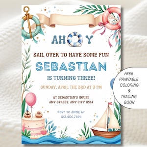 Nautical Birthday Invitation, Ahoy Sailor Party Card, Anchor and Boat Theme, Ocean Birthday Invite for Kids, Instant Download