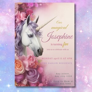 Convite de aniversário de menina Download digital Tema de festa de unicórnio Cartão de aniversário floral pastel para impressão Convite personalizável