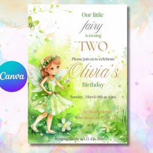 Invito di compleanno modificabile a tema fata, affascinante fata nei toni del verde pastello, fiori vivaci e stravagante design ispirato alla natura