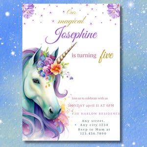 Convite de aniversário de menina Download digital Tema de festa de unicórnio Cartão de aniversário floral aquarela para impressão Convite personalizável