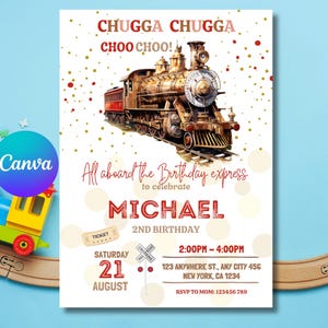Modelo editável de aniversário de trem vintage, convite para festa All Aboard the com locomotiva expressa, cartão de aniversário de trem para meninos, design de ingresso