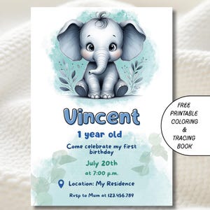 Invitación de primer cumpleaños para bebé niño, tarjeta de elefante azul para mamás que planean un cumpleaños, editable y excelente para planificar fiestas de último minuto.