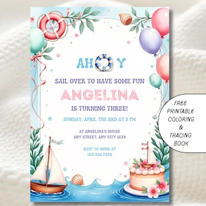 Nautical Girl Birthday Invitation, Pink Sailor Party Invite, Pastel Ocean Theme, Boat and Cupcake Card for Kids, Instant Download