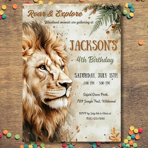 Invitación de cumpleaños de safari de leones para niños, tarjeta de fiesta en la jungla para mamás que planean una fiesta de animales, editable y excelente para planes de último minuto.