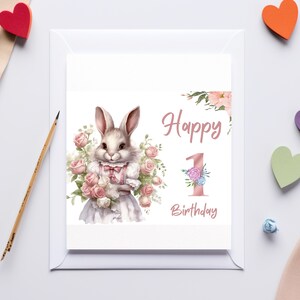 1st Birthday Card for Baby Girl Digital Greeting with Bunny and Floral Design, Printable for First Birthday Celebration, eco-friendly gift