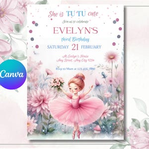 Faire-part d'anniversaire ballerine modifiable, carte de fête TuTu florale rose, élégant motif de célébration sur le thème du ballet pour filles, modèle sur toile