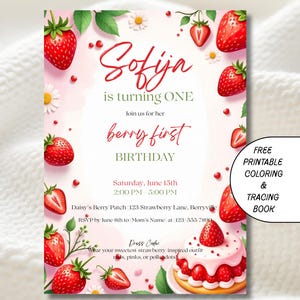 Faire-part de premier anniversaire aux fraises, carte de fête de 1er anniversaire douce baies, thème d'anniversaire de jolie fille, invitation rose fruits rouges, téléchargement immédiat