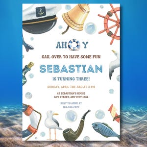 Invitación de cumpleaños náutica Descarga digital Tarjeta de fiesta marinera imprimible