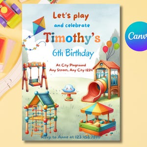 Faire-part d'anniversaire sur une aire de jeux modifiable pour enfants, carte de fête en plein air amusante, thème de récréation coloré, motif de fête dans un parc, modèle sur toile