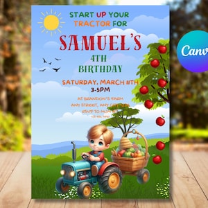 Faire-part d'anniversaire de tracteur modifiable, jolie carte de fête à la ferme avec des pommes, un champ ensoleillé et le thème du petit paysan, invitation à une fête de tracteur pour garçons