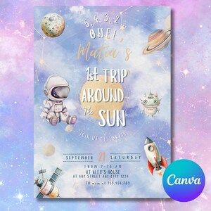 Invitation d'anniversaire premier voyage autour du soleil en téléchargement numérique, carte de fête imprimable astronaute sur le thème de l'espace, invitation personnalisable