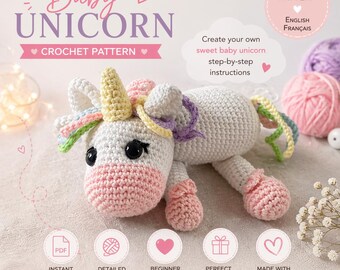 May include: A crocheted baby unicorn with a white body, pink muzzle and feet, and a yellow horn. The unicorn has a rainbow mane and tail. The image includes text that says "Baby Unicorn Crochet Pattern" and "Create your own sweet baby unicorn step-by-step instructions."