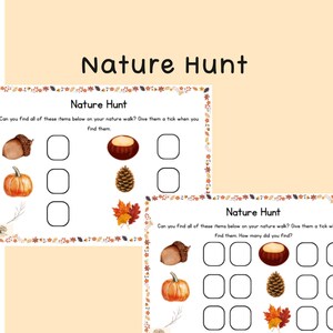 Set di 3 schede di attività autunnali per la caccia nella natura / Caccia al tesoro, conteggio e tabella di conteggio / Attività stampabili per l'apprendimento all'aperto nella scuola dell'infanzia / Percorso naturalistico