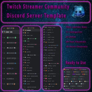 May include: A Discord server template for Twitch streamers, featuring a dark purple and black interface. The template includes categories, roles, text channels, and voice channels, ready for use.