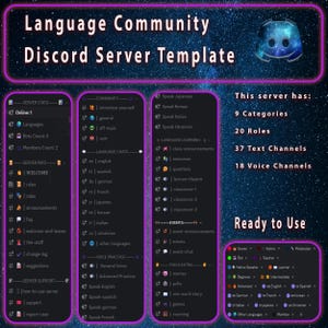 May include: A Discord server template titled "Language Community" with a purple and black theme. The template includes categories, roles, text channels, and voice channels for language learning. The server is ready to use and has various features.