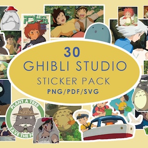 May include: A collage of 30 stickers featuring characters and scenes from Studio Ghibli films. The stickers are in a variety of colors and styles, including Totoro, No Face, Kiki's Delivery Service, and Spirited Away. The text "30 GHIBLI STUDIO STICKER PACK PNG/PDF/SVG" is in the center of the image.