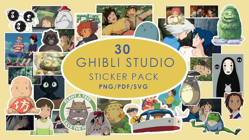May include: A collage of 30 stickers featuring characters and scenes from Studio Ghibli films. The stickers are in a variety of colors and styles, including Totoro, No Face, Kiki's Delivery Service, and Spirited Away. The text "30 GHIBLI STUDIO STICKER PACK PNG/PDF/SVG" is in the center of the image.