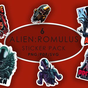 Puede incluir: Un paquete de pegatinas con seis diseños temáticos de Alien. Las pegatinas muestran ilustraciones de la criatura Alien, con textos como "Alien: Romulus", "Hamp Movie", "Alien" y "Predator". Las pegatinas están sobre un fondo rojo.