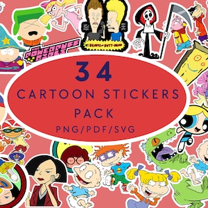Paquete de pegatinas de dibujos animados de los años 80 y 90, pegatinas para portátiles PNG, SVG, archivos PDF, pegatinas nostálgicas de los años 90, archivos SVG de dibujos animados retro, paquete de dibujos animados