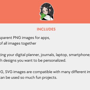 May include: A digital planner sticker set with a cartoon illustration of a girl holding a frog. The set includes individual transparent PNG images for apps and a printable PDF of all images together. The text "INCLUDES" is displayed in a red box.