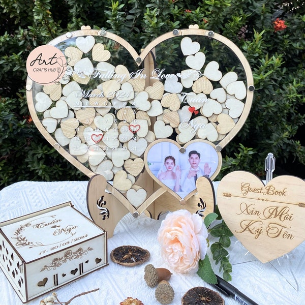 Personalized Double Hearts Wedding Guest Book Alternative Wedding Ceremony Wooden Drop Box Boho Rustic, Wedding Decor Gifts