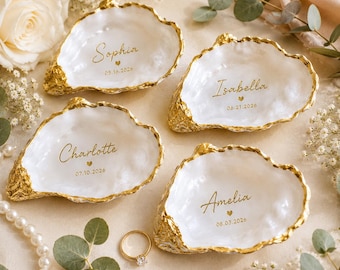 Plat à bagues personnalisé en forme d'huître, plateau à bijoux coquillage à bordure dorée, souvenir de mariage, cadeau de fiançailles pour la mariée, souvenir de demande en mariage pour une demoiselle d'honneur