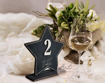 Décoration de table de mariage moderne, numéro de table de mariage avec étoile noire, plaque de table de réception élégante, décoration de mariage minimaliste