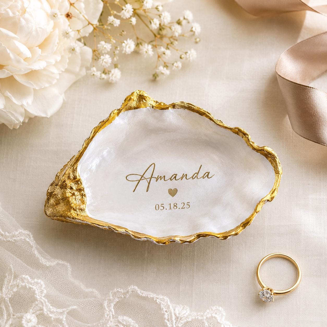 Personalized Oyster Jewelry Dish, Custom Gold Rimmed Oyster Shell Ring Dish, Engagement Gift for Bride, Bridesmaid Proposal Keepsake