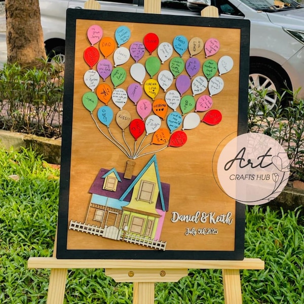 Libro de firmas de boda 3D de Up House: La aventura te espera, libro de firmas con marco de madera 3D, libro de firmas de boda 3D personalizado. Iniciar sesión.