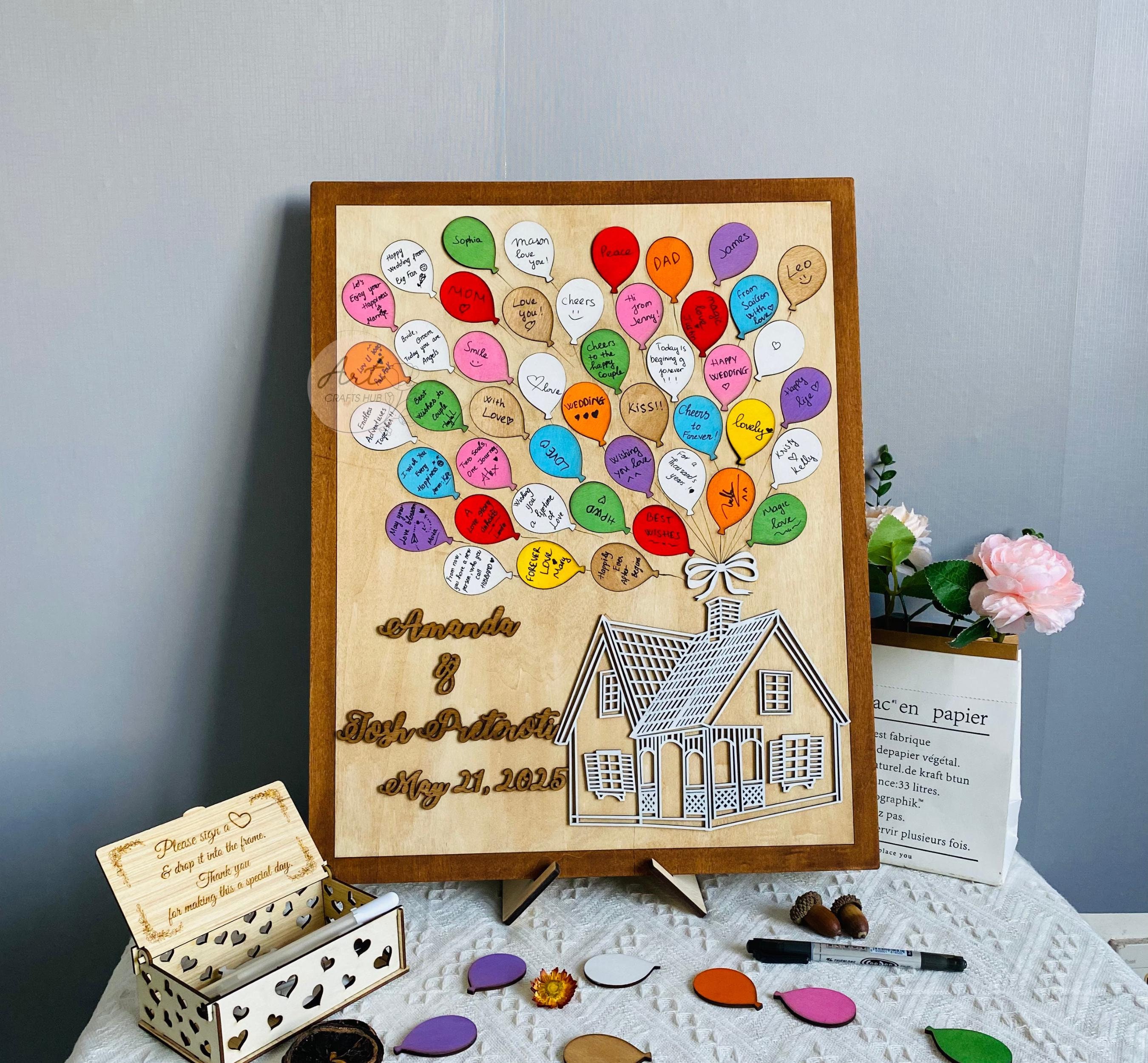 Up House Guest Book Wedding, Up House With Balloons Wedding, Wedding Guest Book Wooden Frame, Custom Wedding 3D Guest Book Sign in