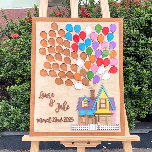 Libro de firmas de boda con temática de la casa de Up y globos, Libro de firmas de Up, Libro de firmas tipo rompecabezas, Libro de firmas de rompecabezas para bodas, Libro de firmas con temática de Up