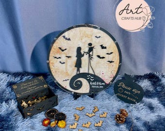 Halloween Wedding Guest Book Alternative, Personalized Spooky Wedding Decor,Halloween Wedding Sign with Bats, Moon & Couple Silhouette