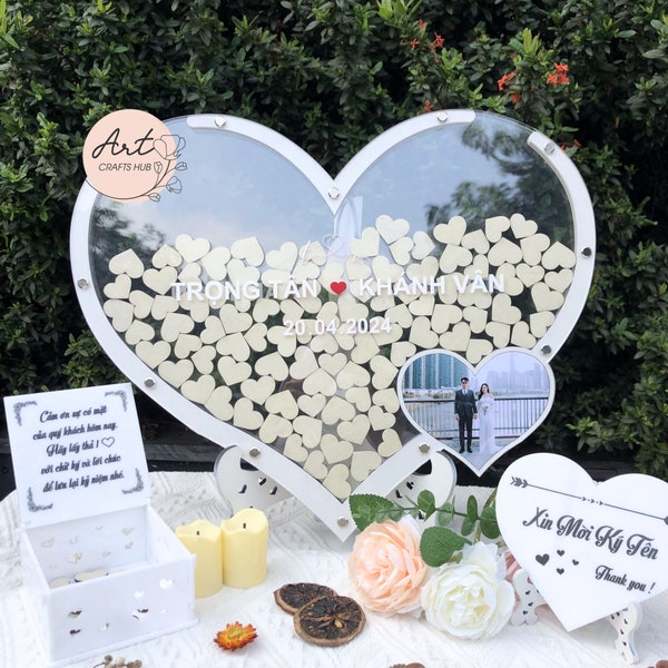 Unique White Heart-Shaped Wedding Guestbook with Wedding Photo: Elegant Signing Wood Alternative for Luxurious Wedding Reception