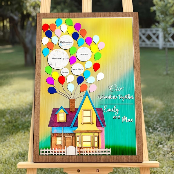 Libro de visitas personalizado para Up House: Mapa de aventuras con globos, libro de visitas con cielo pintado a mano, decoración personalizada para bodas de aventura.