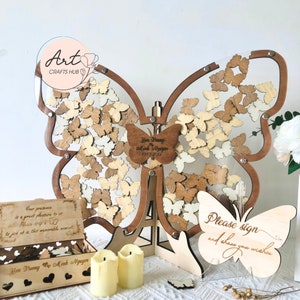 Libro de visitas con forma de mariposa, libro de visitas personalizado con forma de mariposa en forma de caja de madera, alternativa a la decoración tradicional para bodas