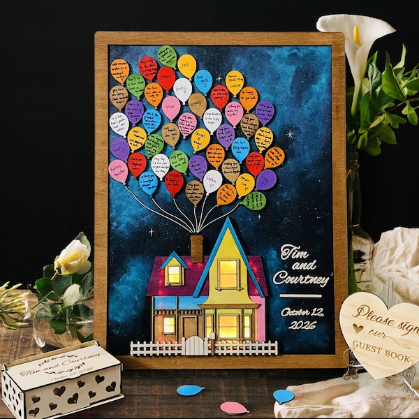 Libro de firmas alternativo para bodas en casas con luces LED, libro de firmas pintado a mano con cielo nocturno, decoración personalizada para bodas de aventura
