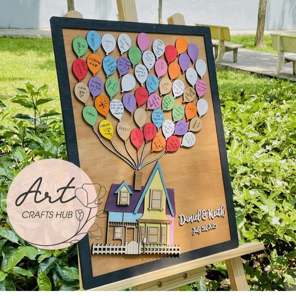 Libro de visitas de Up House para bodas, libro de visitas "Aventura te espera", libro de visitas con marco de madera 3D, libro de visitas de boda 3D personalizado