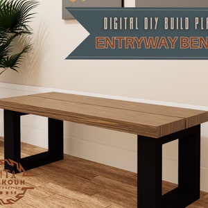 Puede incluir: Un banco de madera con patas de metal negro. El banco está hecho de madera marrón claro y tiene un acabado de madera natural. El banco está sentado en un suelo de madera. El texto "DIGITAL DIY BUILD PLANS ENTRYWAY BENCH" se muestra en un fondo azul.