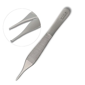 May include: Silver tweezers with a textured handle and a VIVA logo. The tweezers have a pointed tip.