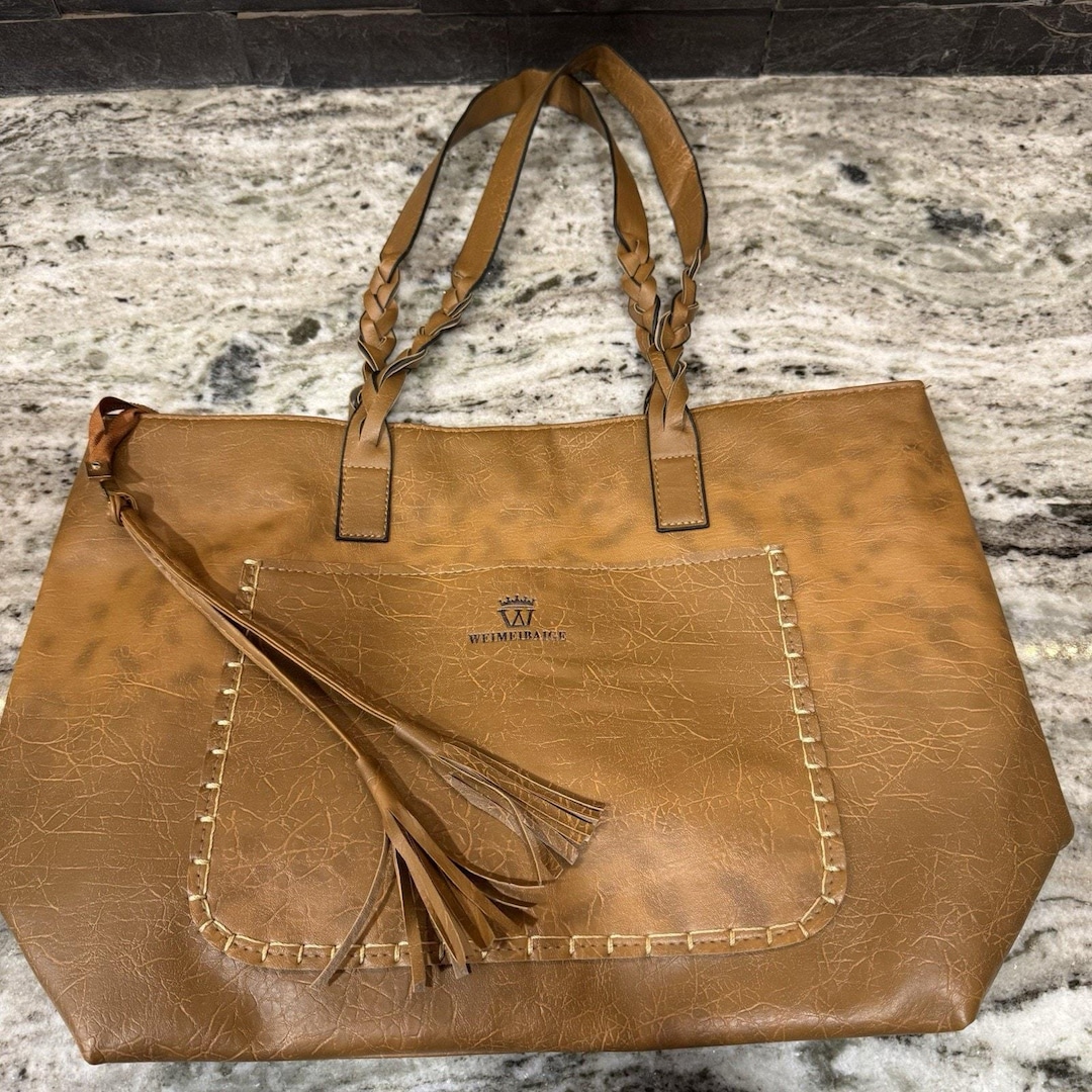 Weimeibaige Handbag Oversized Tote Vegan Leather Light Brown