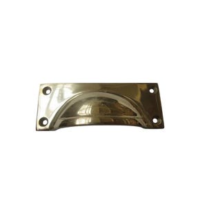 May include: A polished brass drawer pull with a curved handle and rectangular backplate. The hardware has four screw holes for mounting. The brass finish reflects light, giving it a shiny appearance. This cabinet pull is suitable for furniture restoration.